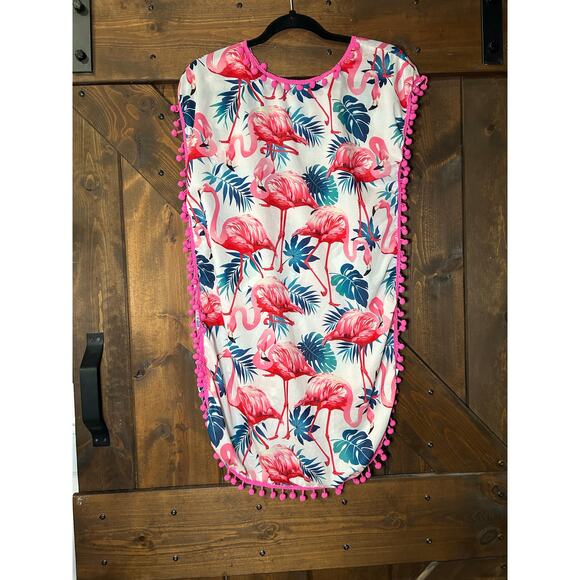 Women’s S/M Chiffon Swimsuit Cover Flamingo with Pompons - Picture 1 of 4